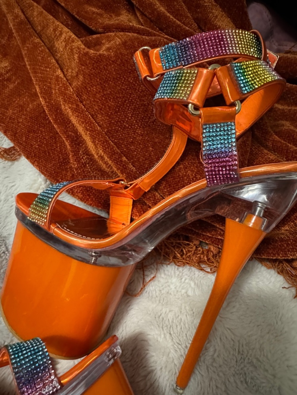 Golden Bulls | Sexy Rhinestone Orange & Rainbow Platform Stiletto Heels | 8 NIB - Picture 9 of 12